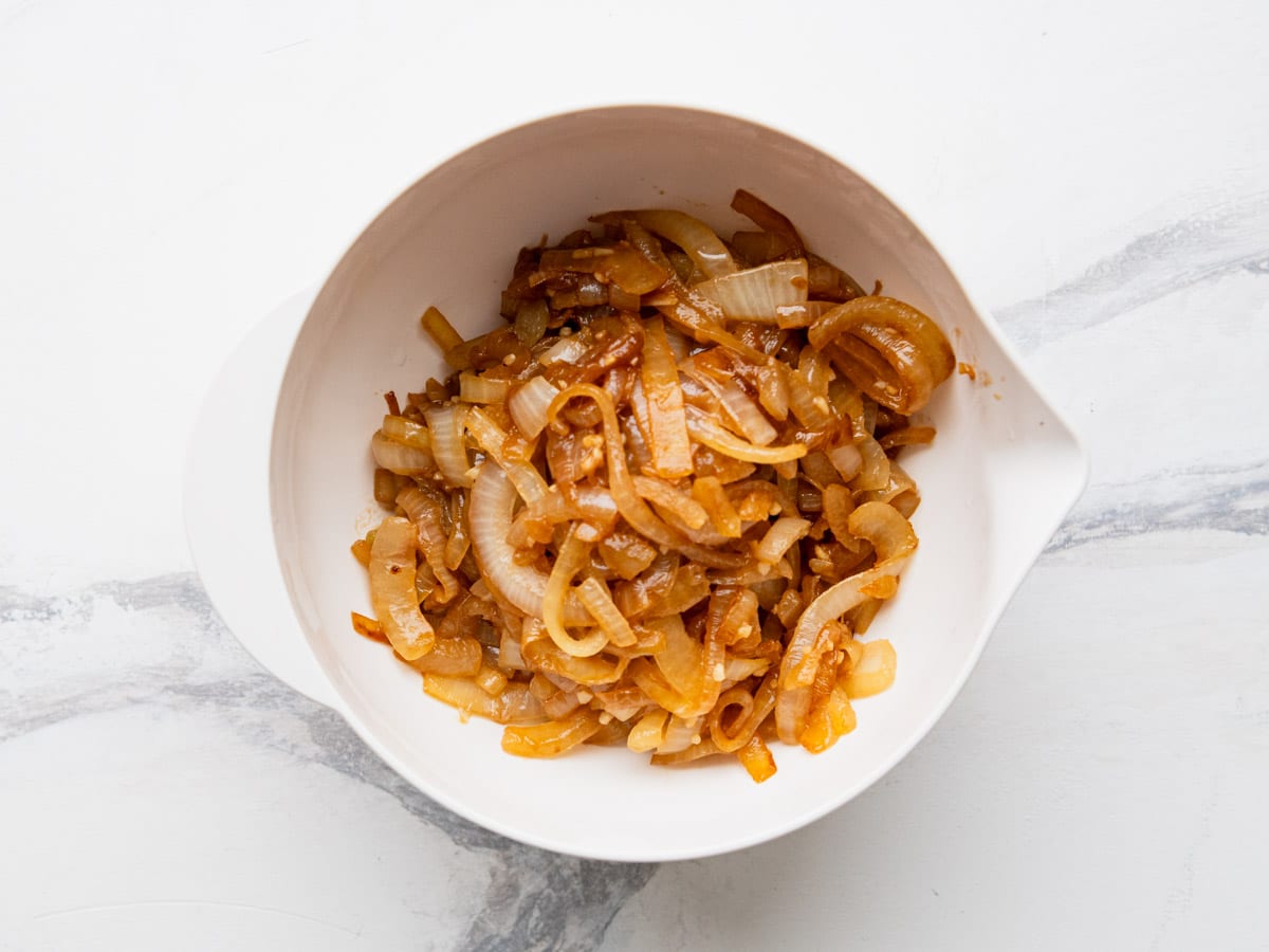 Caramelized onions in a bowl.