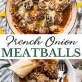 Long collage image of French onion meatballs.