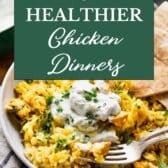 Collage image of healthy chicken dinners.