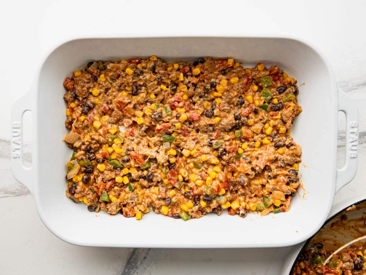 Meat filling in the bottom of the baking dish.