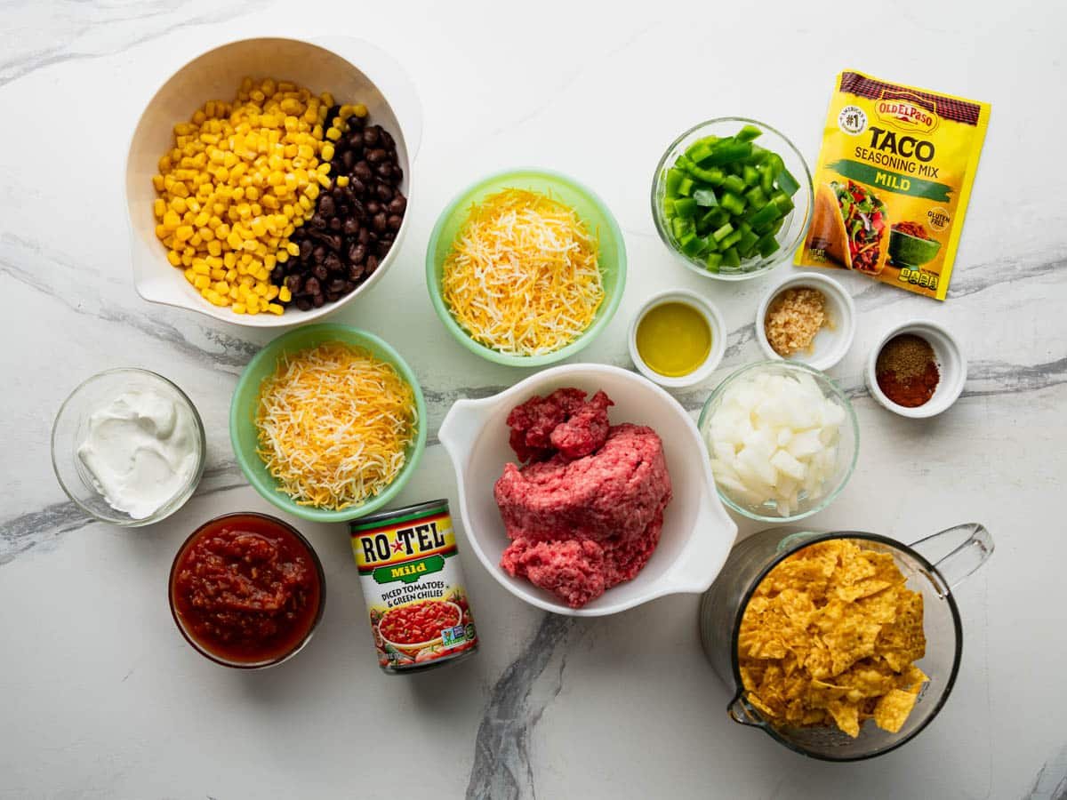 Ingredients for a Tex Mex casserole recipe.