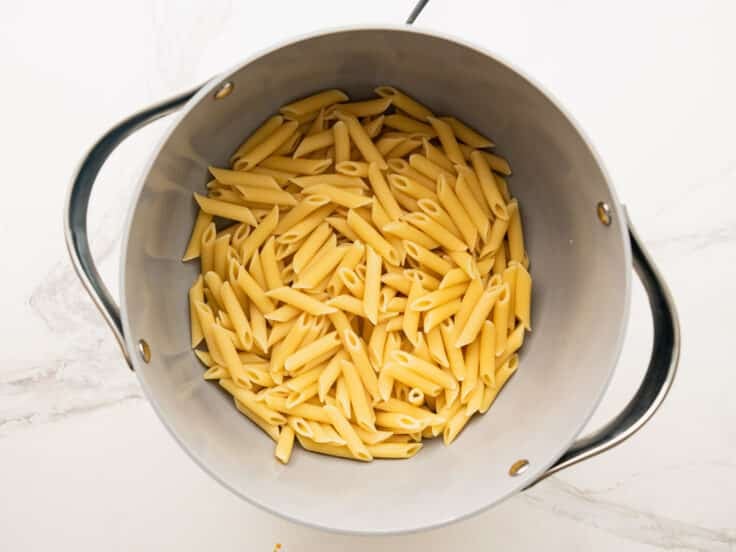 Cooked and drained penne pasta.