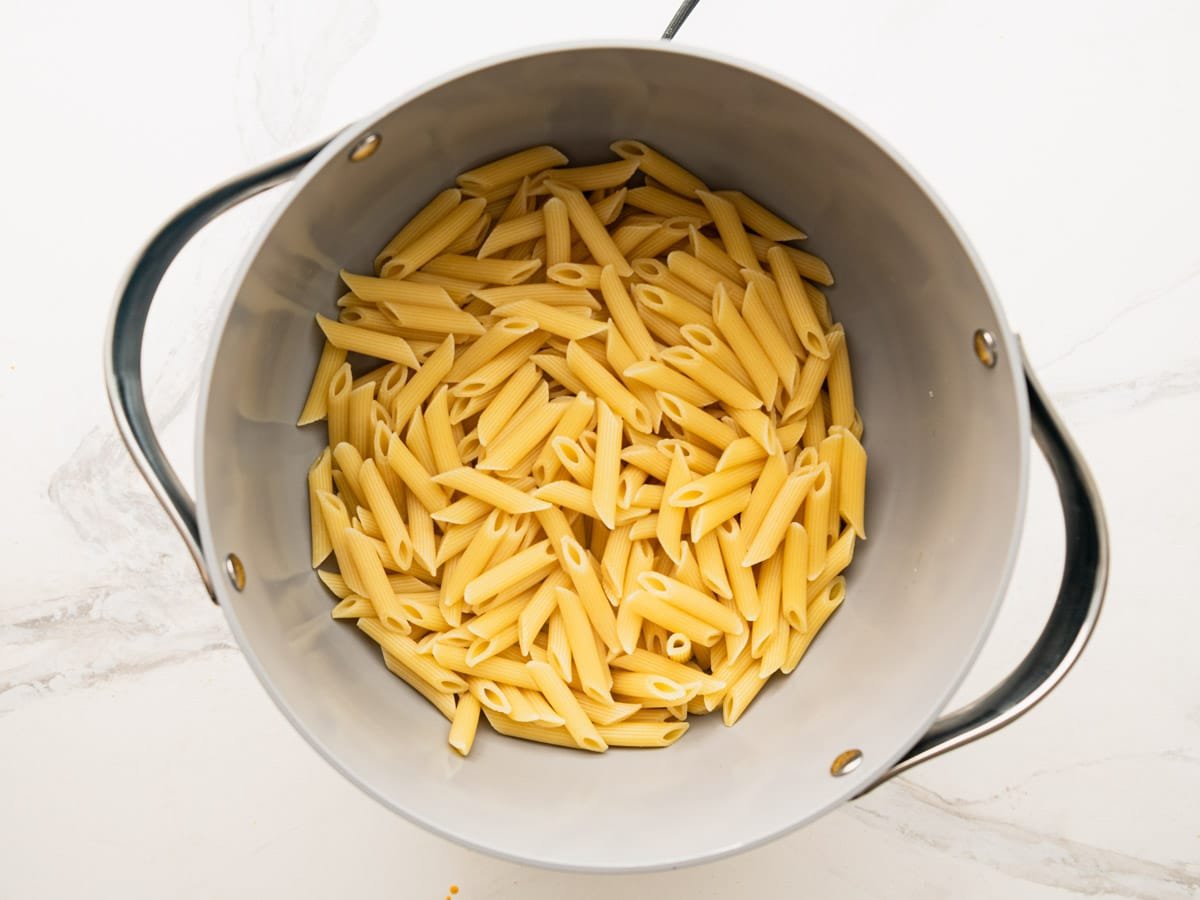 Cooked and drained penne pasta.