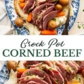 Long collage image of Crock Pot corned beef and cabbage.