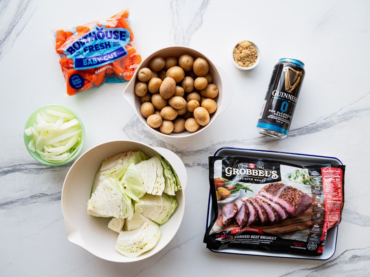 Ingredients for a crock pot corned beef and cabbage recipe.