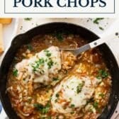 French onion pork chops with a text title box at the top.