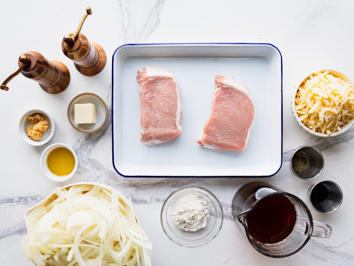 Ingredients for a French onion pork chops recipe.