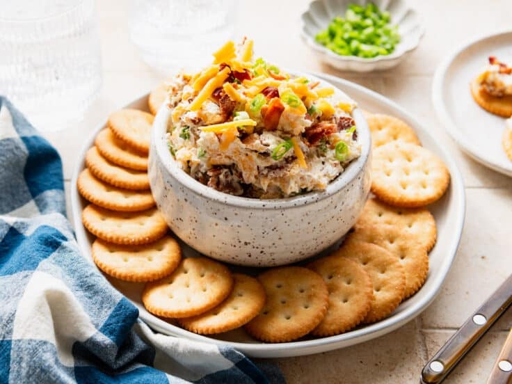 Horizontal side shot of million dollar dip served with Ritz crackers.