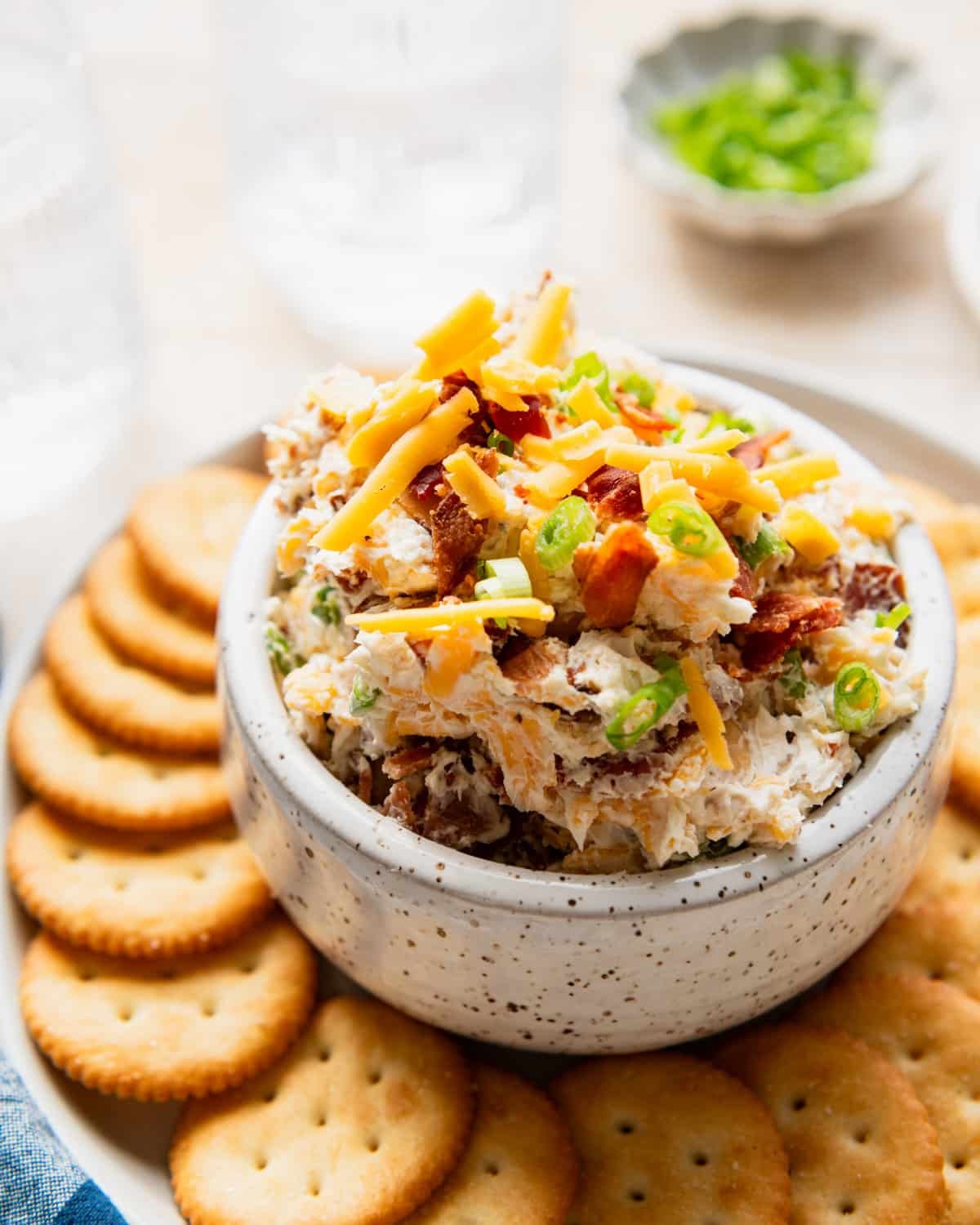 Side shot of a serving tray with Neiman Marcus dip and Ritz crackers.