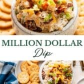 Long collage image of a million dollar dip recipe.
