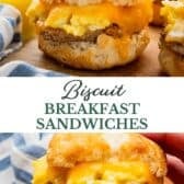 Long collage image of breakfast biscuit sandwiches.