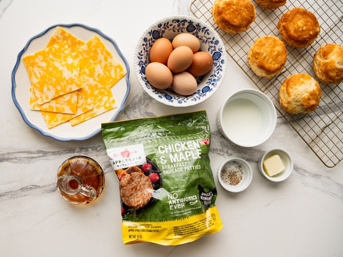 Ingredients for breakfast biscuit sandwiches.