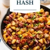 Corned beef hash with a text title overlay.