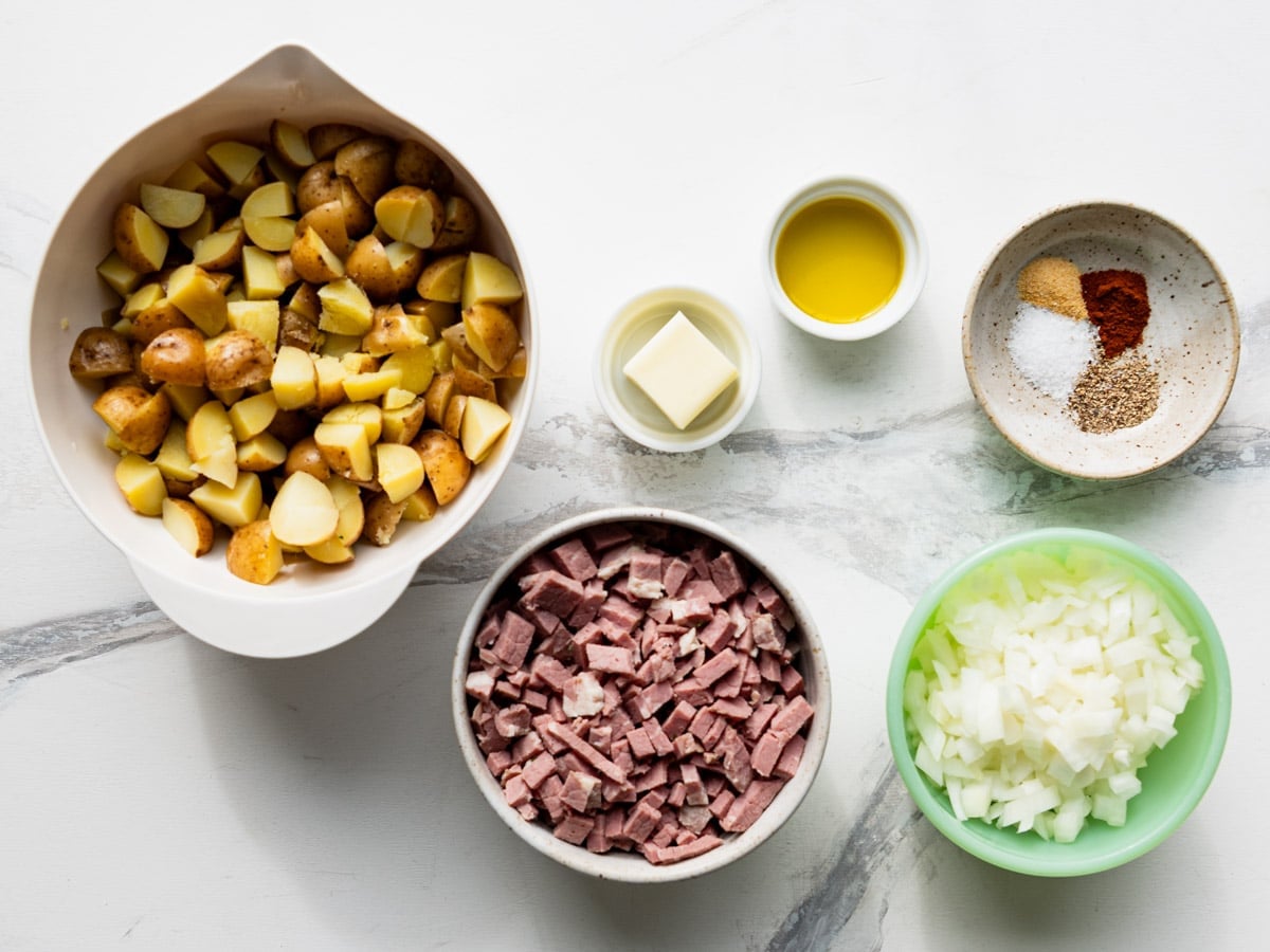 Ingredients for a homemade corned beef hash recipe.