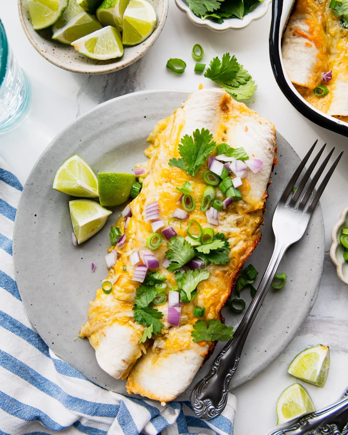 Overhead shot of cream cheese chicken enchiladas on a plate.