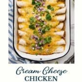 Cream cheese chicken enchiladas with a text title at the bottom.