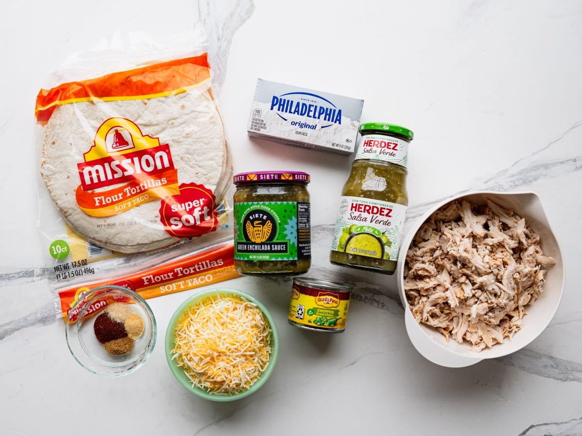 Ingredients for a cream cheese chicken enchiladas recipe.