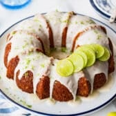 Square close up of a glazed key lime bundt cake.