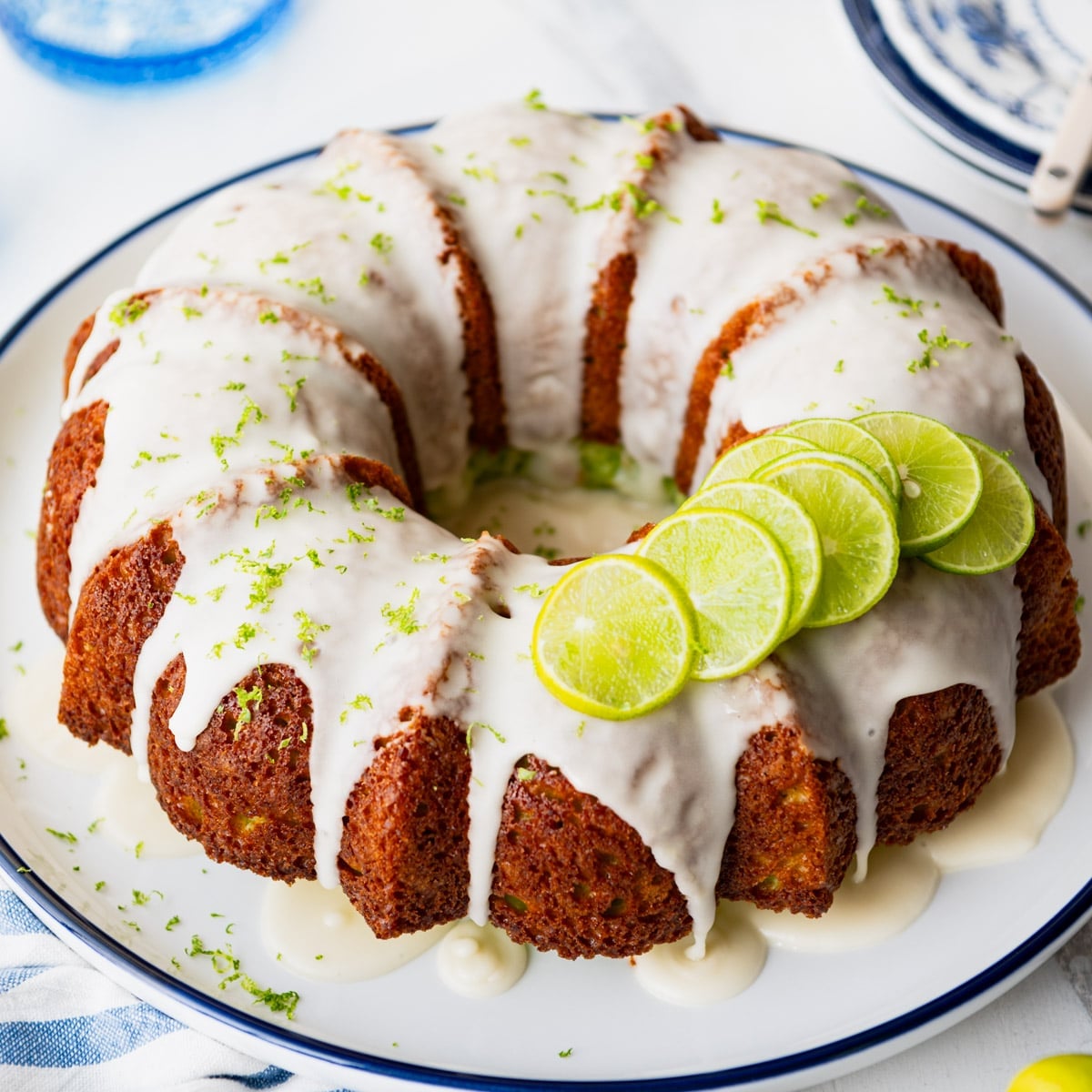 Square close up of a glazed key lime bundt cake.