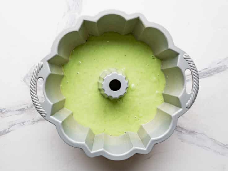 Cake batter poured into the bundt pan.