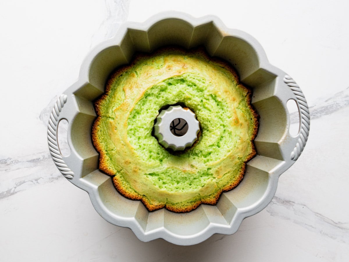 Baked key lime bundt cake still in the pan.