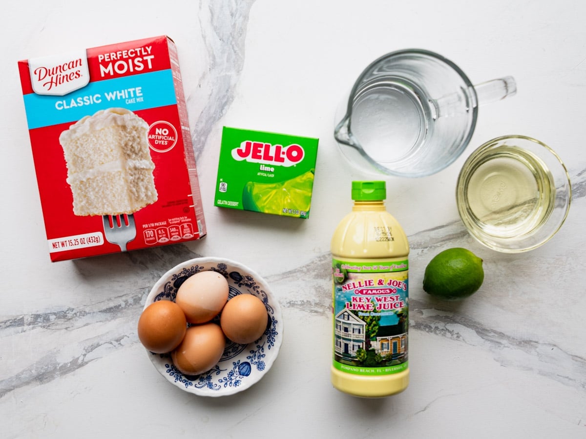 Ingredients for a key lime cake recipe made with cake mix.