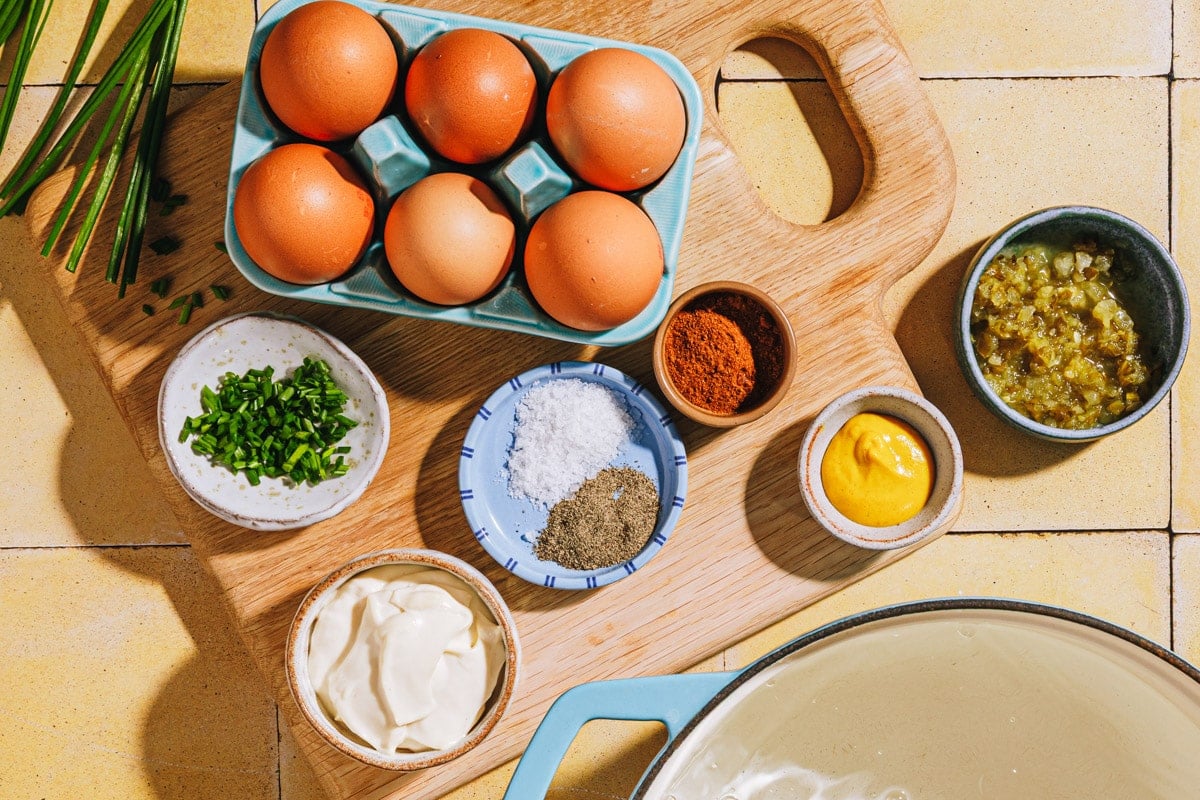 Ingredients for a Southern deviled eggs recipe.