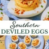 Long collage image of Southern deviled eggs.