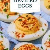 Southern deviled eggs with a text title overlay.