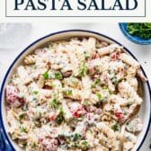 Bacon ranch pasta salad with a text title box at the top.