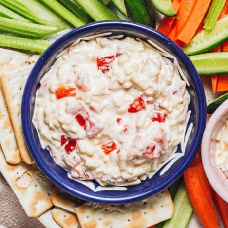 Square overhead shot of a bowl of homemade pimento cheese.