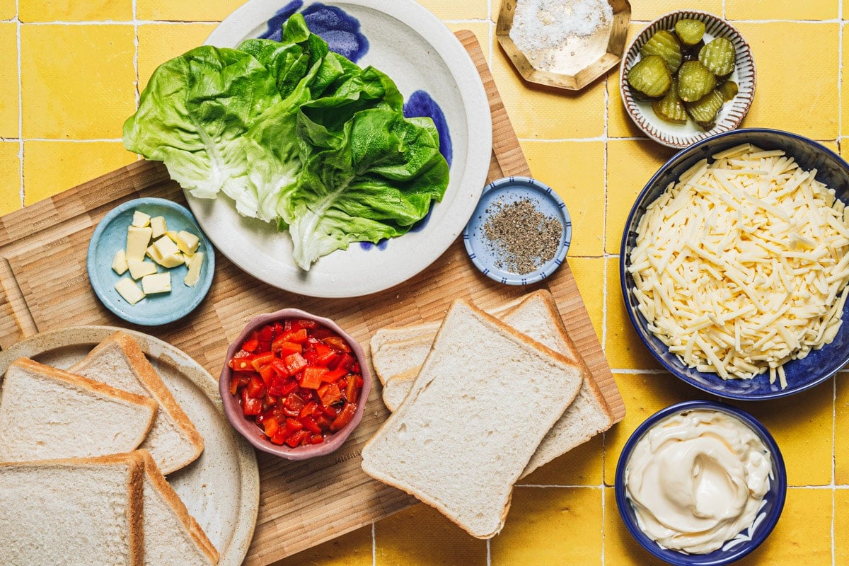 Ingredients for pimento cheese sandwiches.