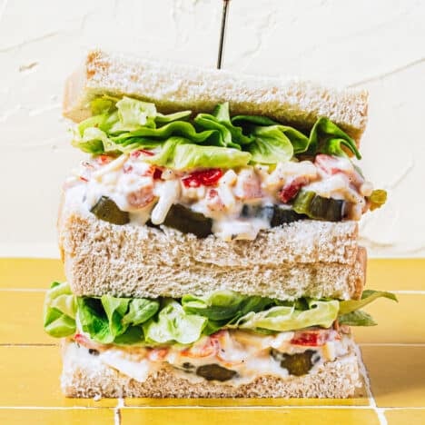 Square side shot of a pimento cheese sandwich.