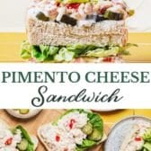 Long collage image of a pimento cheese sandwich.