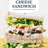 Pimento cheese sandwich with a text title overlay.