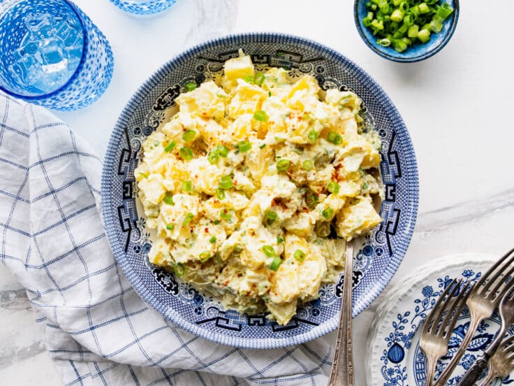 Horizontal overhead shot of a bowl of southern style potato salad.