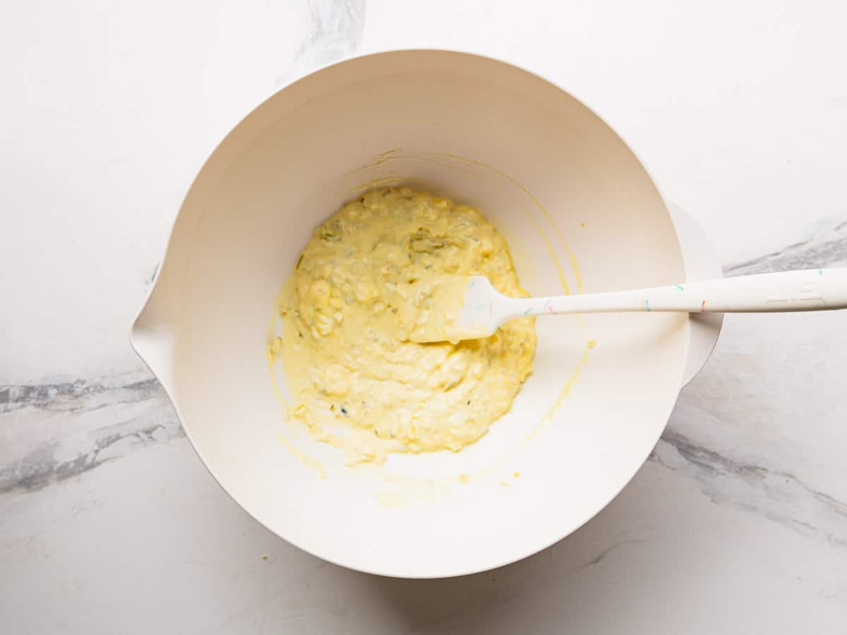Stirring together the mayo dressing.