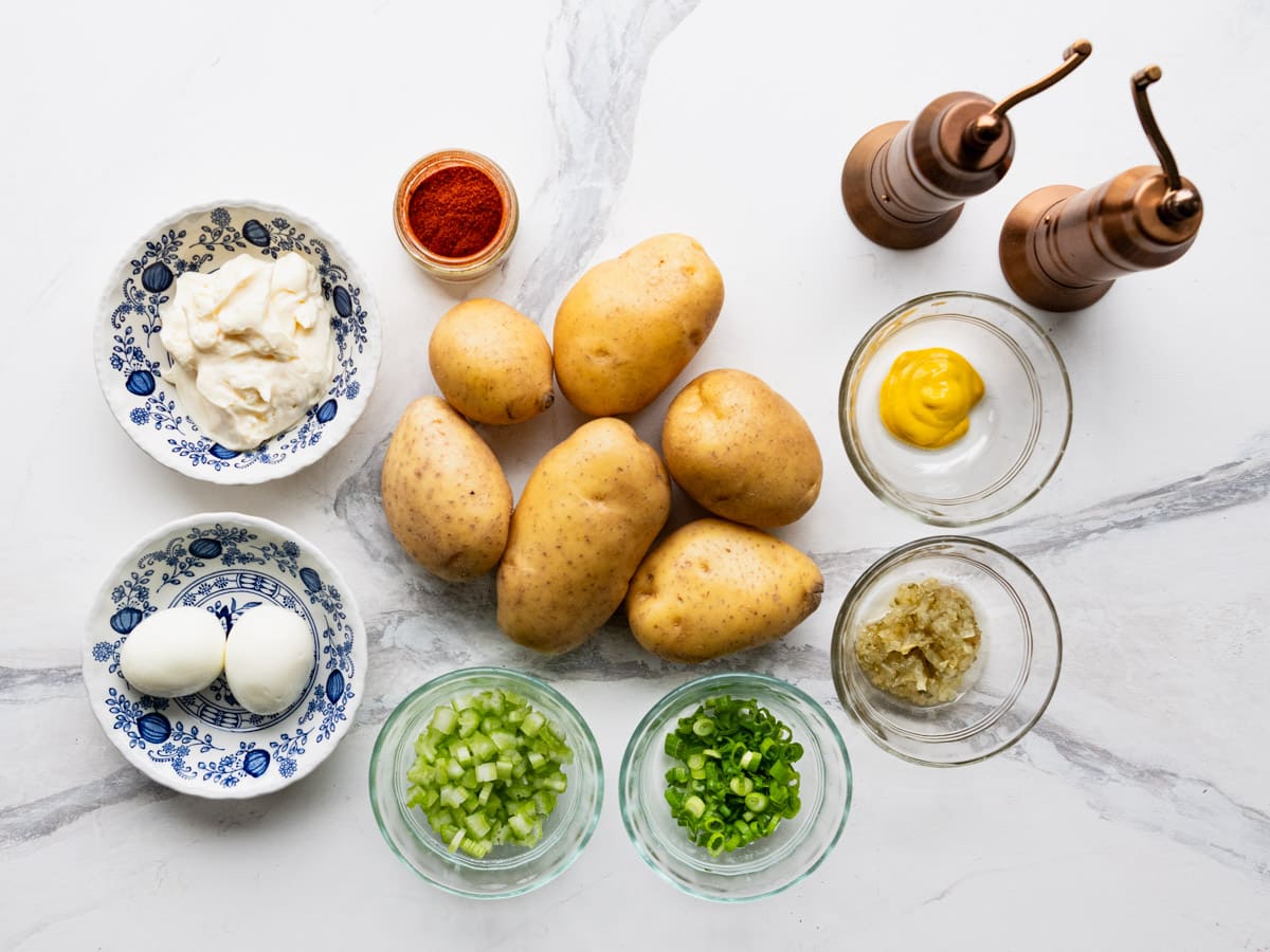 Ingredients for a southern potato salad recipe.