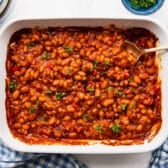 Horizontal overhead shot of easy bbq baked beans.