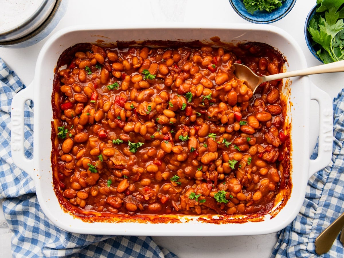Horizontal overhead shot of easy bbq baked beans.