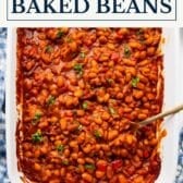 BBQ baked beans with a text title box at the top.