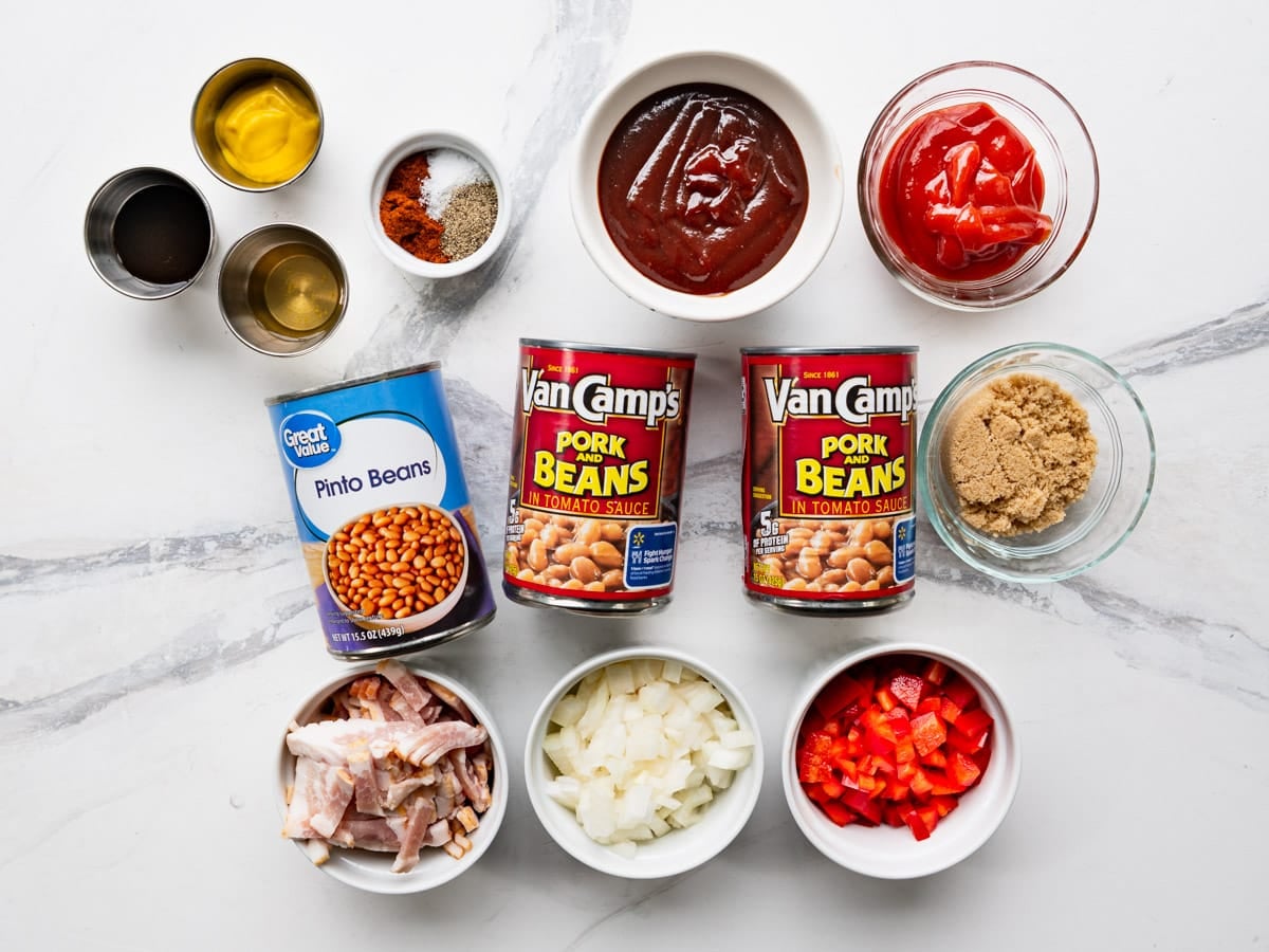 Ingredients for an easy bbq baked beans recipe.