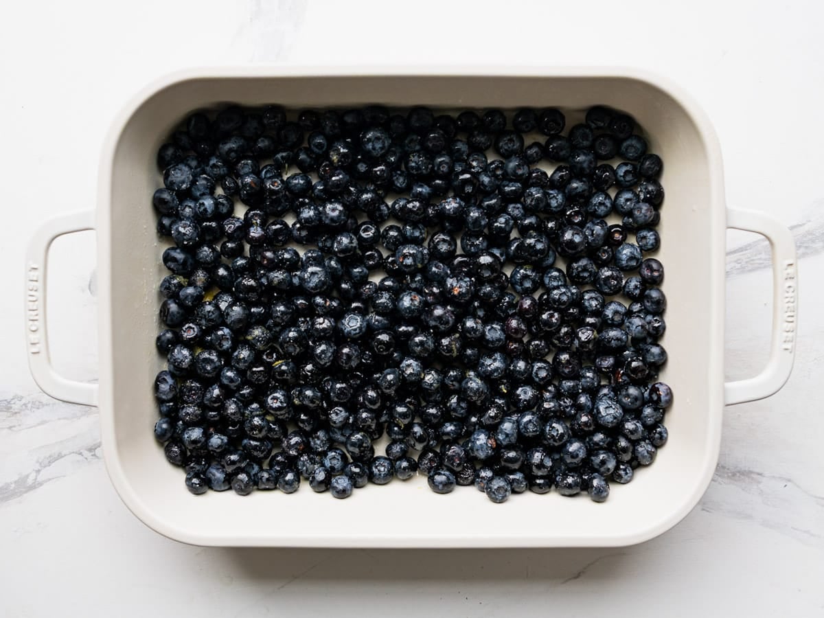 Lemon blueberry filling spread in a baking dish.