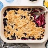 Horizontal overhead shot of a baked easy blueberry cobbler with cake mix.
