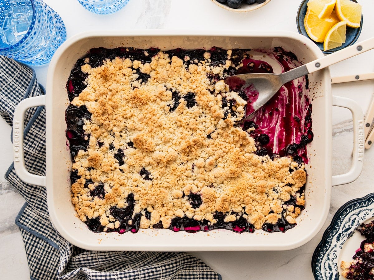 Horizontal overhead shot of a baked easy blueberry cobbler with cake mix.