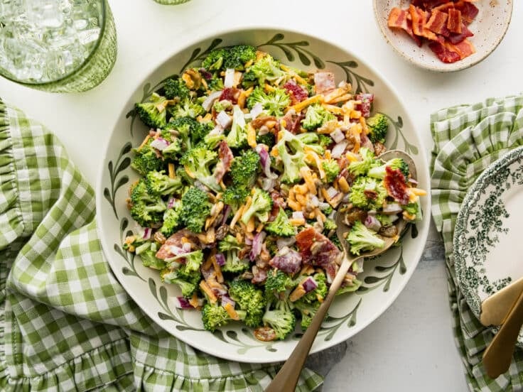 Horizontal overhead shot of a bowl of broccoli salad with bacon.