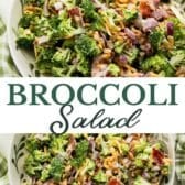 Long collage image of broccoli salad with bacon.
