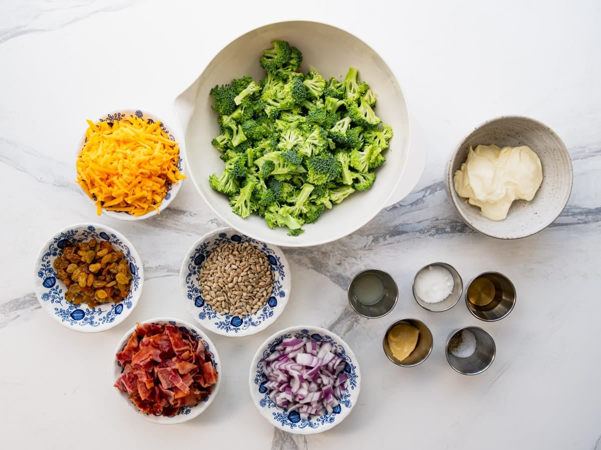 Ingredients for a broccoli salad with bacon recipe.