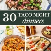 Collage image of 30 easy taco night dinners.