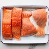 Seasoned salmon fillets on a tray before cooking.
